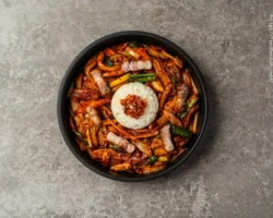 음식 사진작가의 오징어 불고기 메뉴 탑뷰 사진 촬영